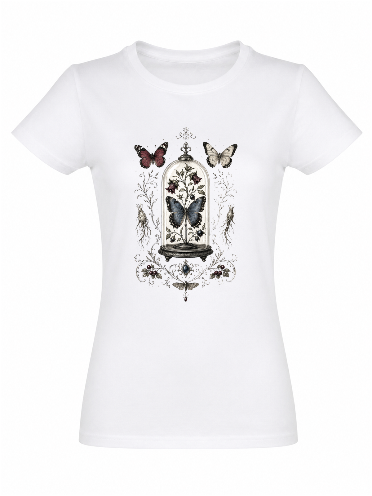 Cabinet de curiosités naturaliste | CCN-07 | Femme | Blanc | Sans modèle | Recto | Cloche aux Papillons