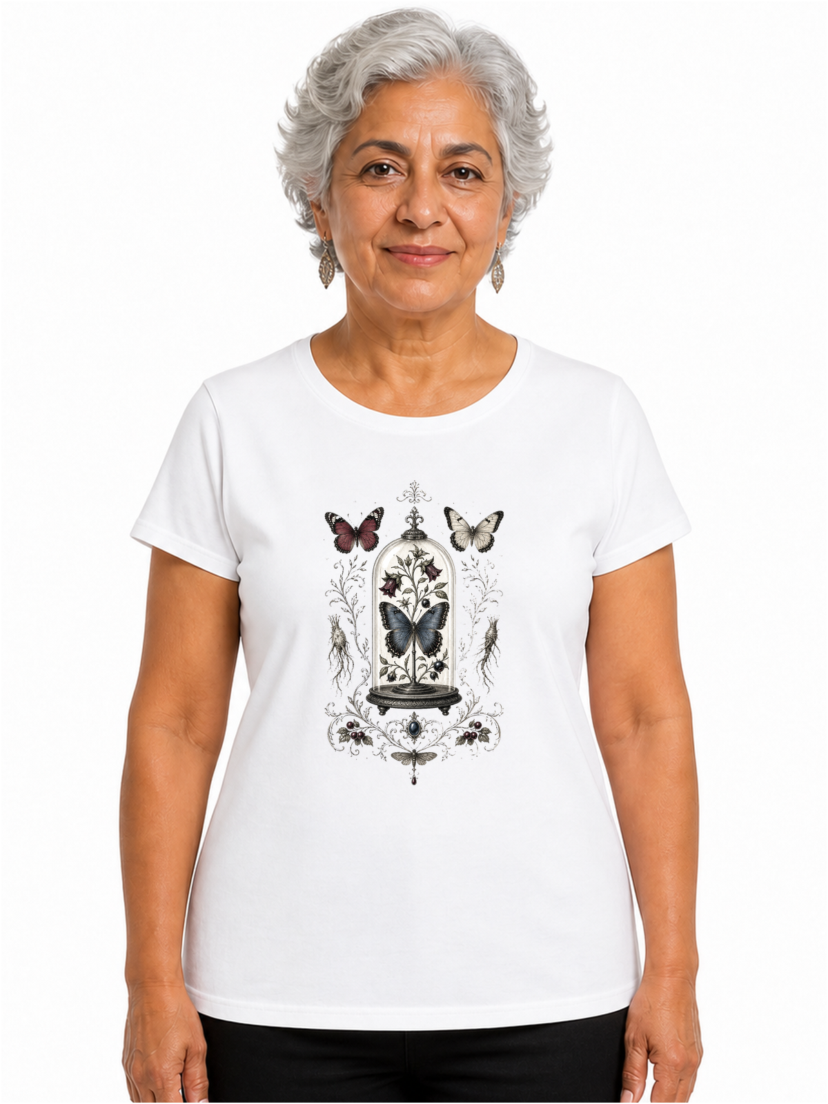 Cabinet de curiosités naturaliste | CCN-07 | Femme | Blanc | Porte | Recto | Cloche aux Papillons