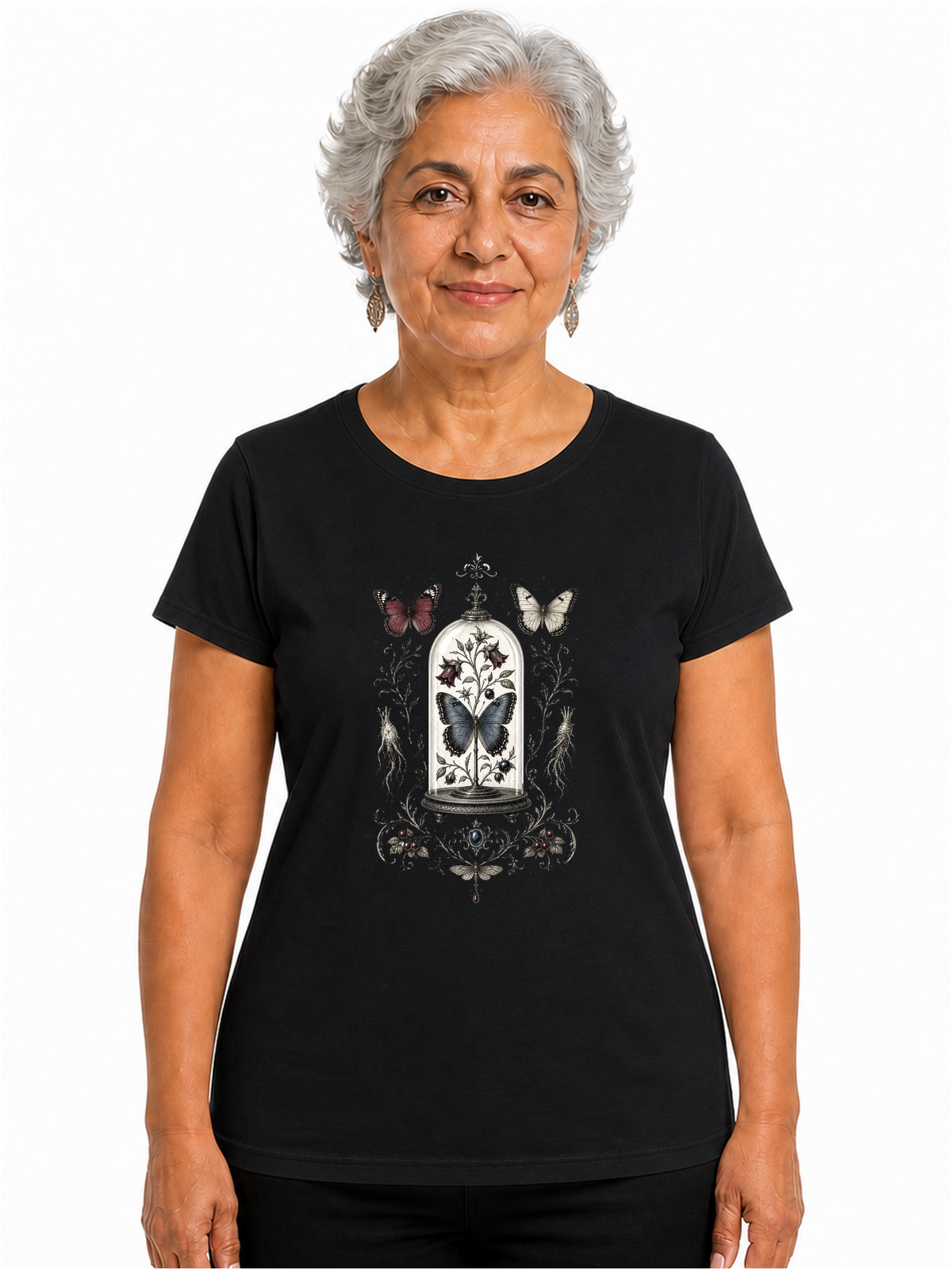 Cabinet de curiosités naturaliste | CCN-07 | Femme | Noir | Porte | Recto | Cloche aux Papillons