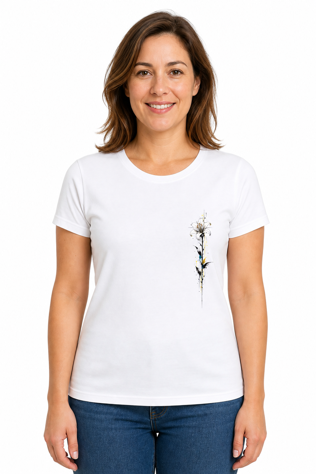 Lys Blanc — modèle femme, t-shirt blanc, fond blanc