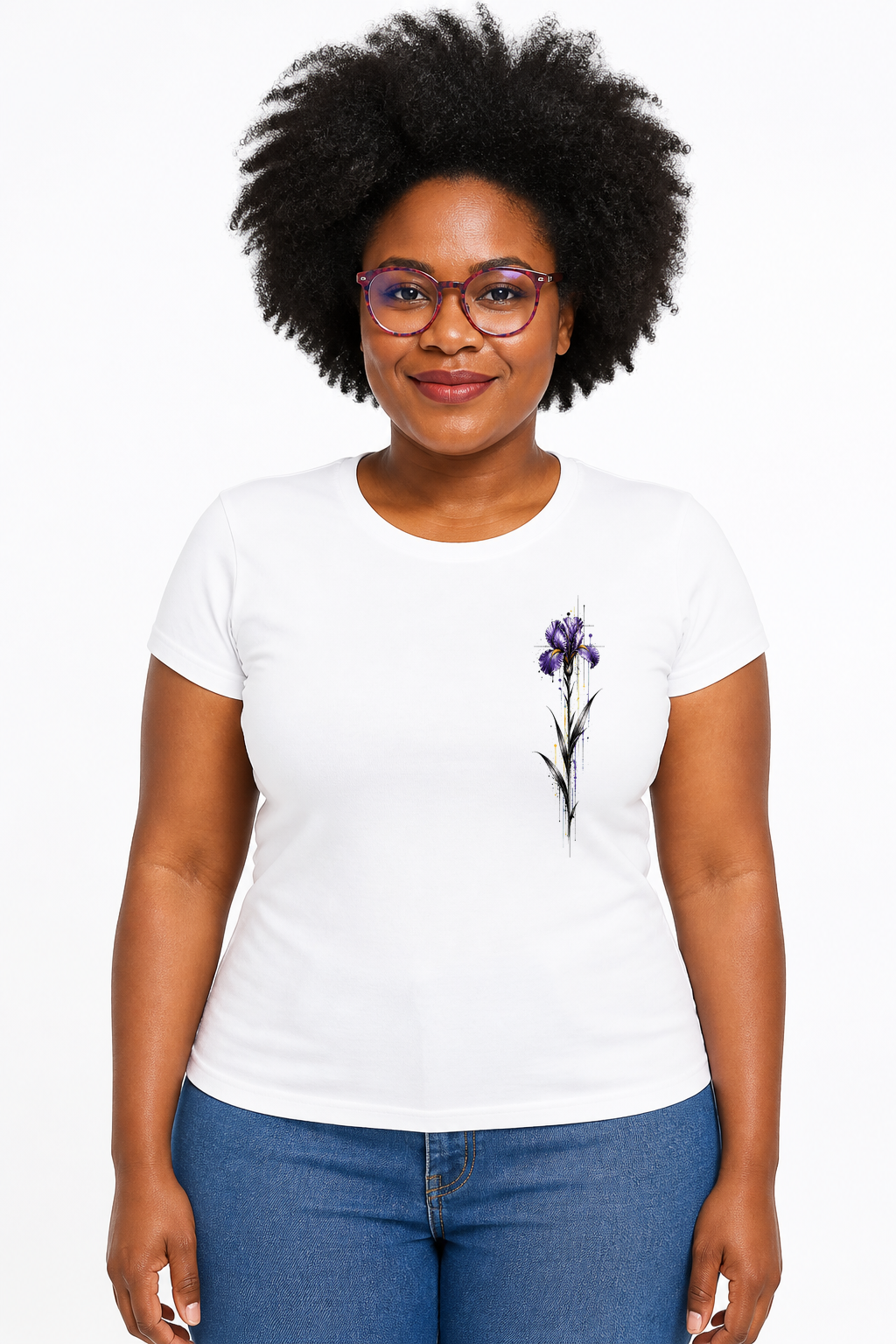 Iris Violet — modèle femme, t-shirt blanc