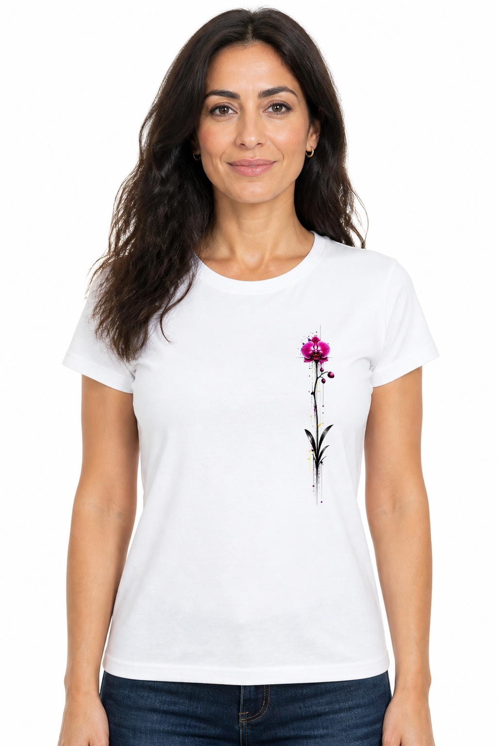 Orchidée Magenta — modèle femme, t-shirt blanc