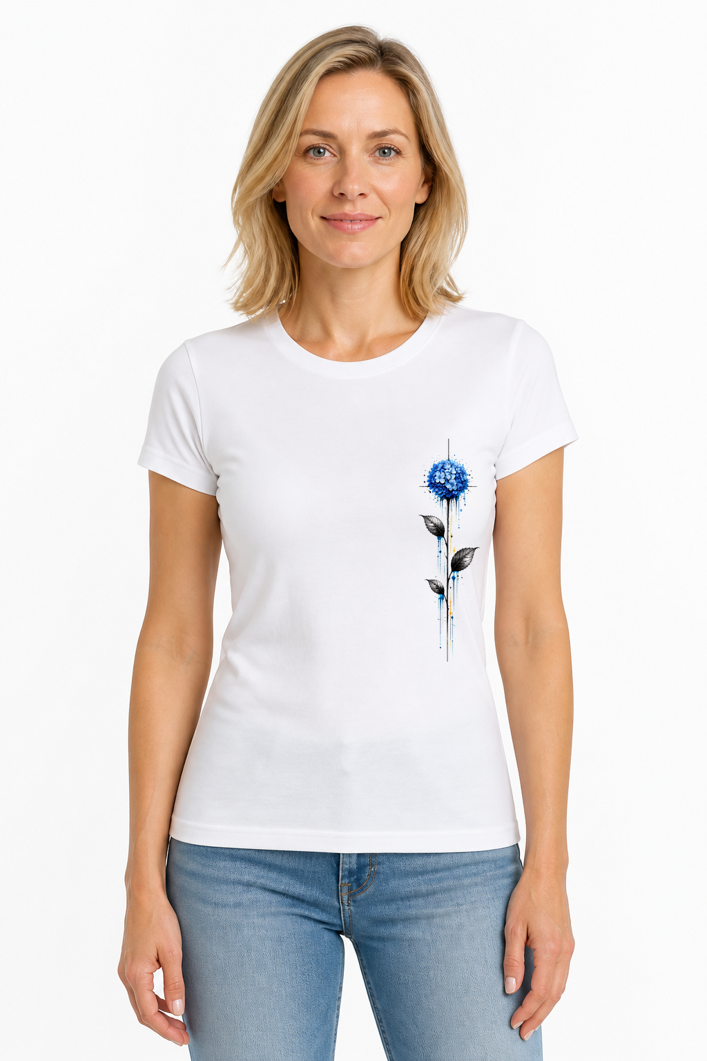 Hortensia Bleu — modèle femme, t-shirt blanc