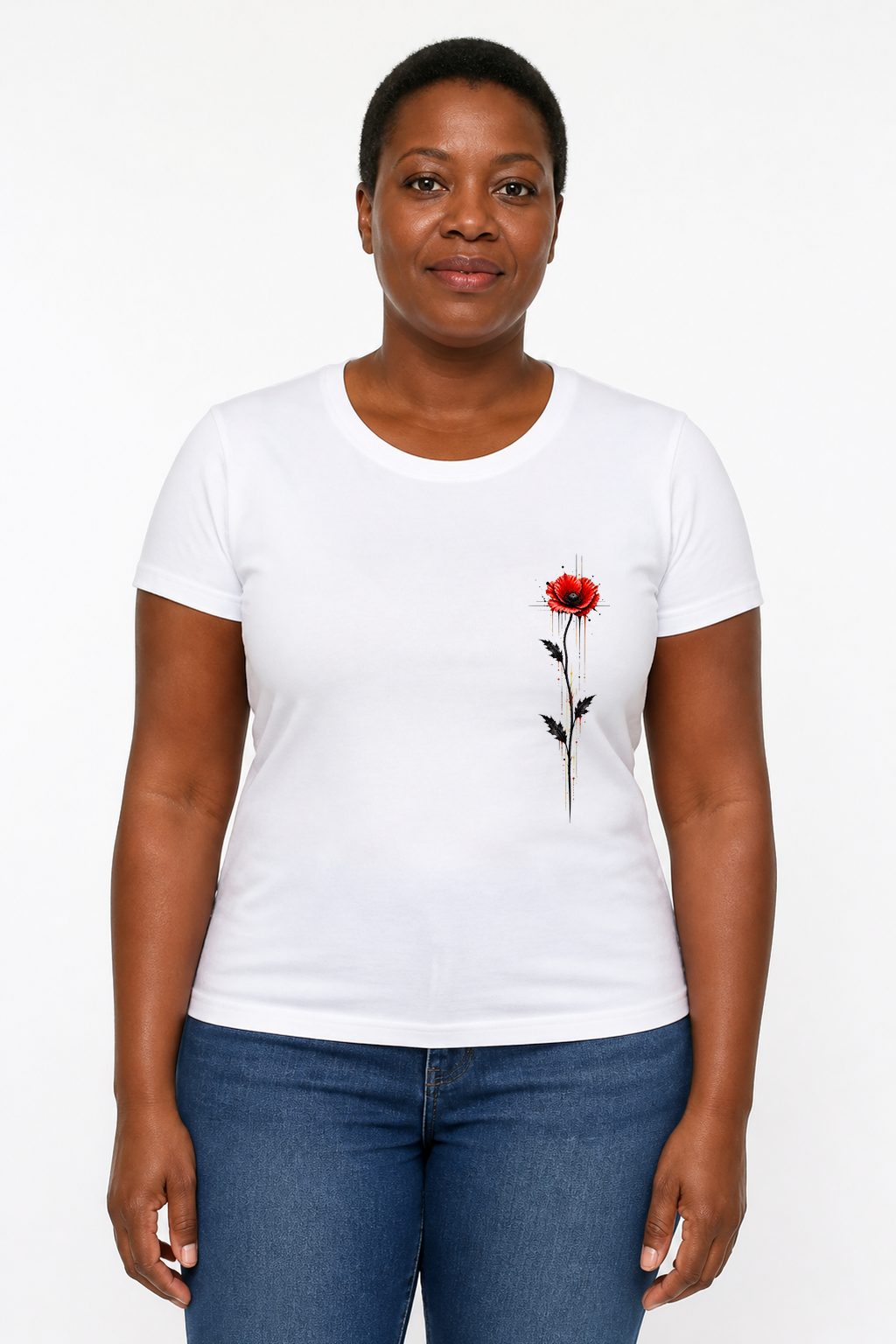 Coquelicot Rouge — modèle femme, t-shirt blanc