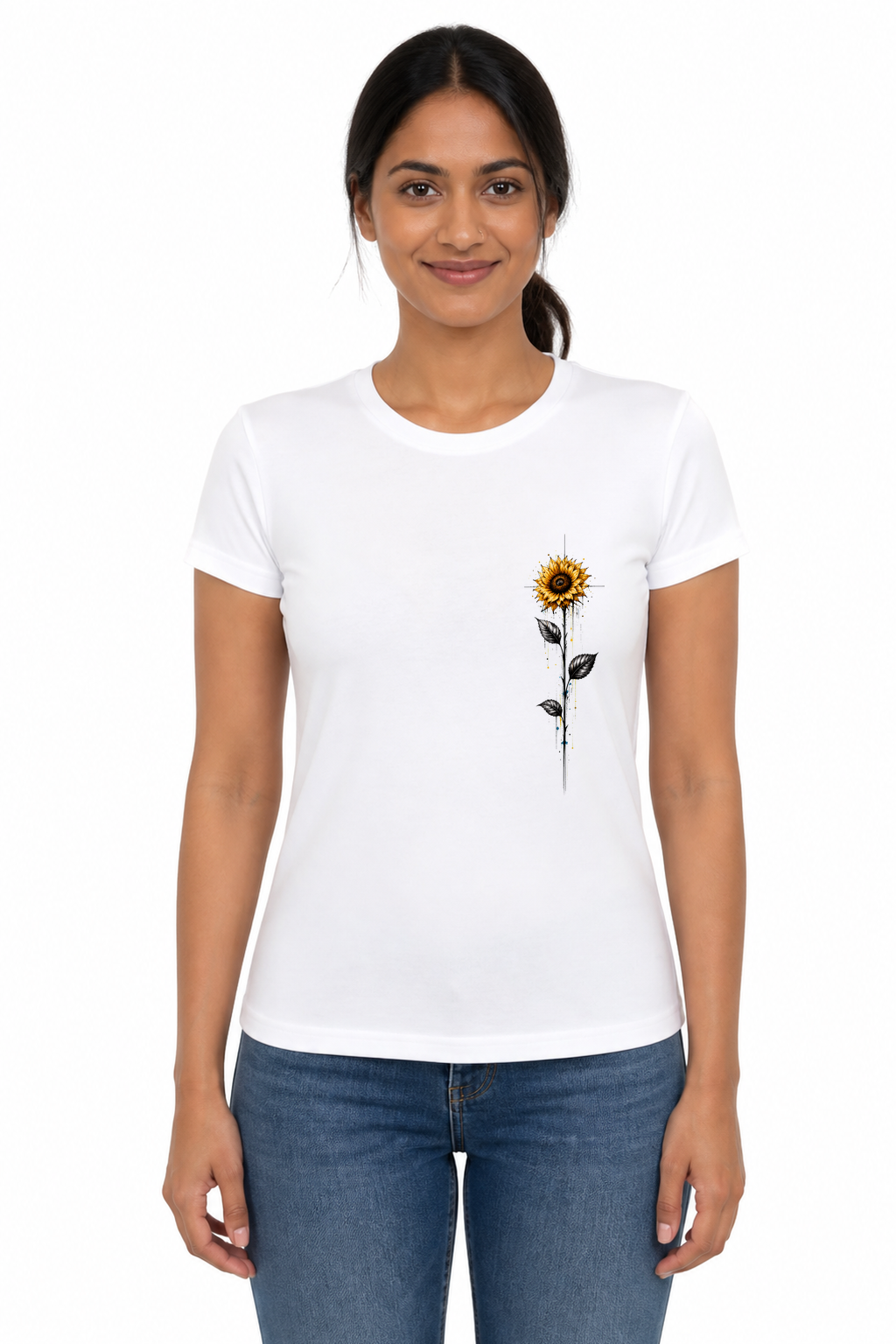 Tournesol Jaune — modèle femme, t-shirt blanc