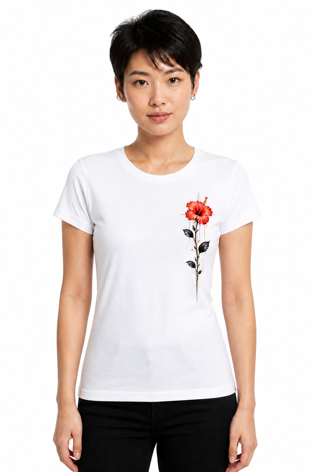 Hibiscus Corail — modèle femme, t-shirt blanc, fond blanc