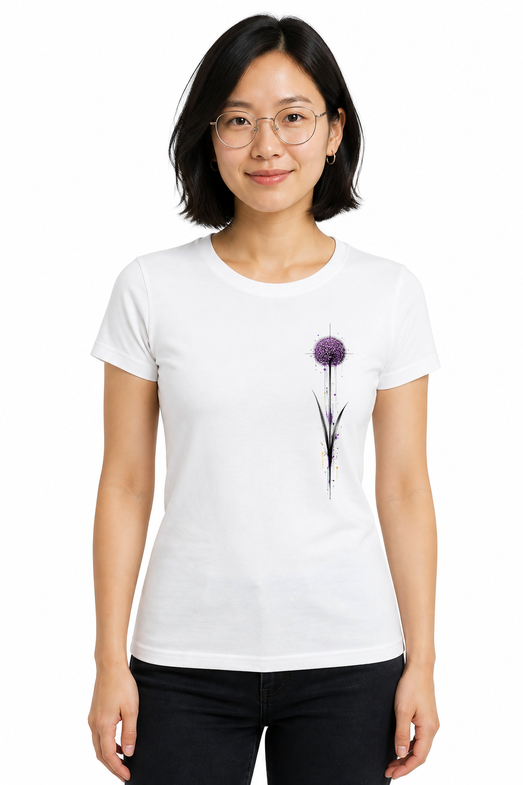 Allium Violet — modèle femme, t-shirt blanc